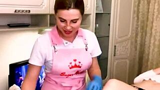 An American TEEN blonde sugarnadya completes client's buttocks preparation for waxing session