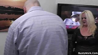 He lays her on a desk and proceeds to pleasure her then have sex with her in the pooled fluid exposing her juicy behind