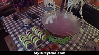 Trick or TREAT Papa! Your stepdaughter's up to naughty stuff this Halloween. Watch her with father-in-law in doggystyle.