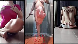 European milf performs striptease in vintage bathroom with soap and lotion.
