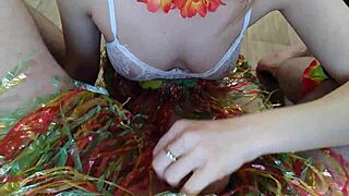 blowjob happening at the hawaiian party with licking and kissing