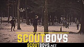 Gay men of older more experienced older man stuffs young man's anus with cum in a outdoor setting