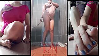 European milf performs striptease in vintage bathroom with soap and lotion.
