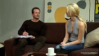 Excited blonde jerks dick until cum splashes face