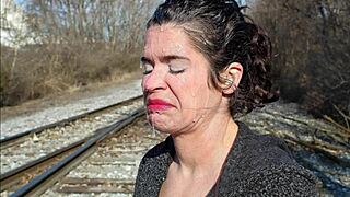 omg, bukkake railroad action with a hot milf outdoors! 😍