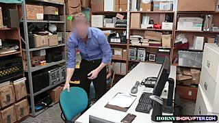 Aryana the shoplifter rides the officer's big cock at work