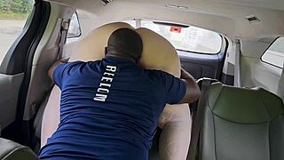 Hot Blonde Girlfriend Facesitting and Riding Black Guy in Car POV. Cum on Face Action!