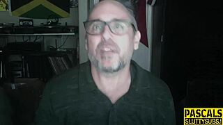 Busty whore kneels down, throats cock hard, and gags uncontrollably.