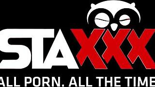 busty brunette in pink lingerie and stockings lures him into bed.