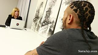 I see Sara Jay, the mature office lady, fucking that big black cock.