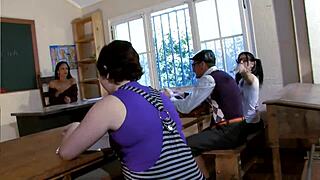 a perfect cuban brunette in a classroom setting with friends