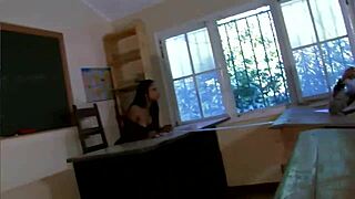 a perfect cuban brunette in a classroom setting with friends