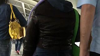 hey, check me touching that chubby girl's brown nylon jacket. sneaky street candid, part 1, gotta be quick!