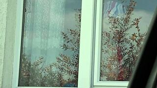 Public nudity shock, taxi driver sees naked milf washing window in stockings! 😲