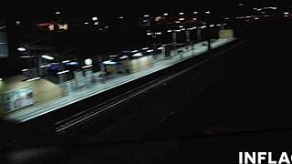 German milf masturbates and orgasms in public Berlin night with blowjob and licking