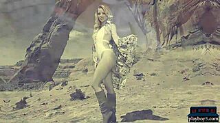 Two stunning European models strip naked in outdoor setting.