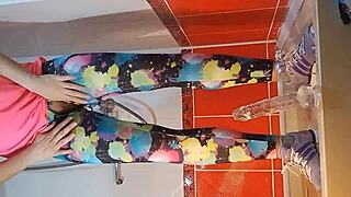 Feeling Intense Pleasure In Gym Shower Dildo Masturbation