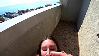 Russian Beauty in Red Dress Fucks on Balcony