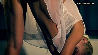 amateur cutie dancing in a white dress at workout.