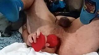 Gay bottom has fun with himself with dildo