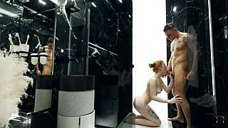 A hunk of muscle has a controlled shower time with his big breasted stepsister