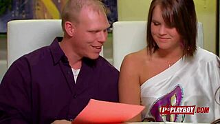 A wife swallowing a dick with her husband watching as her tattooed lover gives her a rimjob