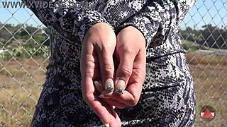 sexy latina milf fingers her pussy outdoors in public fetish play