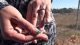 sexy latina milf fingers her pussy outdoors in public fetish play