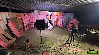 Gabriela Ramos fucks big cocks behind the cameras in carpentry.