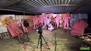 Gabriela Ramos fucks big cocks behind the cameras in carpentry.