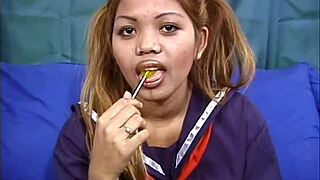 Asian lollipops scene with cumshot blowjob and dildo play 😏