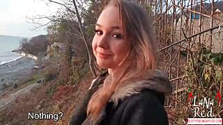 Lana Red is a beautiful slut who fakes it for a friend and sucks a complete stranger’s massive cock in the park and swallows