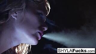 sexy shyla smokes while showing her big tits and pussy fetish