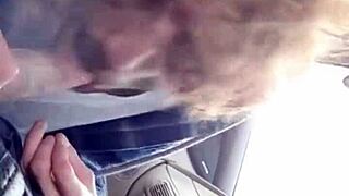 giving morning blowjob to buddy in car with monster cock