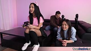 why cant the two gamer chicks stop playing while stepbro fucks them?