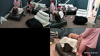 Amateur swingers feeling sexy in lingerie during group pussy fucking