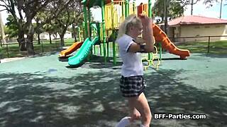 Busted teen coed friends in uniform perform blowjob on security guard's monster cock. In amateur foursome.