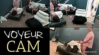 Amateur swingers feeling sexy in lingerie during group pussy fucking