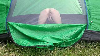 I peeped on my stepsister masturbating in the tent outside shaking with orgasm - lesbian illusion girls