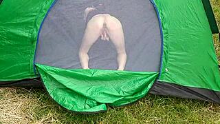 I peeped on my stepsister masturbating in the tent outside shaking with orgasm - lesbian illusion girls