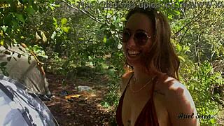 i flash small tits to neighbors in public camping vlog with blowjob and riding.