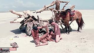 Young ebony anal threesome on the beach