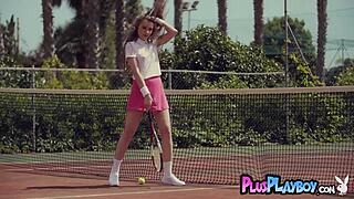 Kate Chromia, Small-Tits European Brunette Teen, Boldly Strips and Poses on Tennis Court with Clothes Ripped