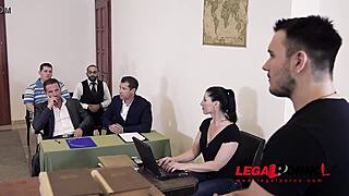 Sexy lawyer Helena Valentine seals a deal with DP action at court alongside horny babe Aisha.
