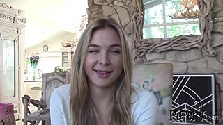 Blonde shy girl gives guy blowjob.