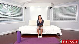 During a fit POV casting, athletic latina teen Catalina Ossa, weighing 52kg, skillfully swallows while being interviewed.