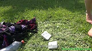 Euro amateur strips naked outdoors for cash in public view.