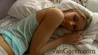 Skinny blonde teen awakes to a big cock.