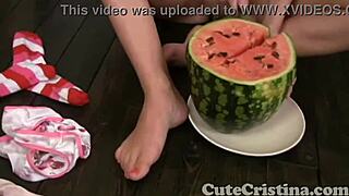 cute cristina strips naked and plays with watermelon