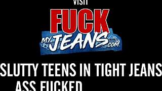 Man, this black-haired Eurobabe with small tits gets drilled hard in jeans!